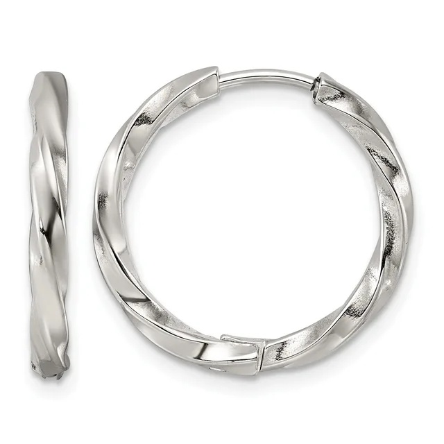 A pair of silver twisted hoop earrings with hinged closures, shown from front and side views.
