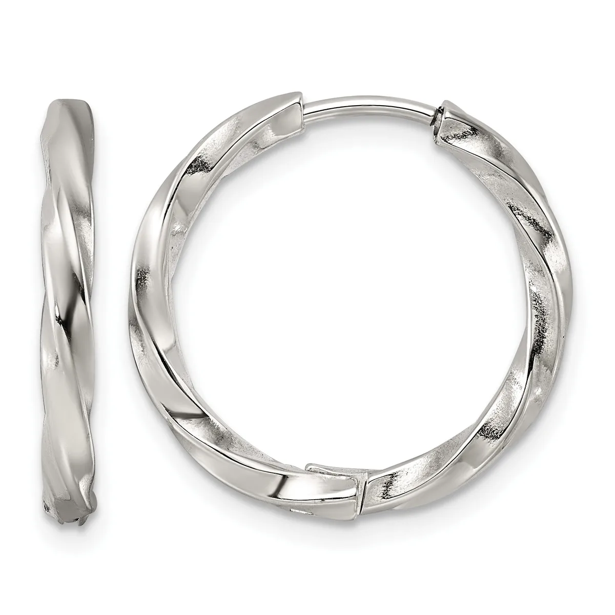 A pair of silver twisted hoop earrings with hinged closures, shown from front and side views.