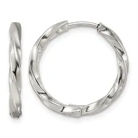A pair of silver twisted hoop earrings with hinged closures, shown from front and side views.