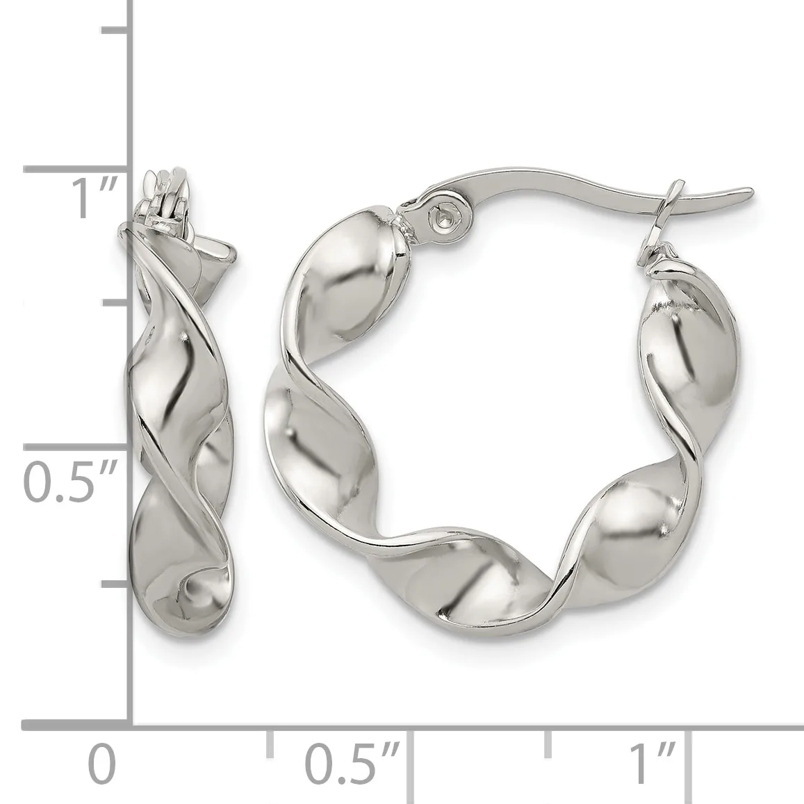 Pair of silver twisted hoop earrings with curved puffy surfaces, displayed next to a ruler showing approximately one inch in length.