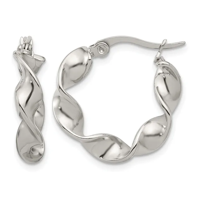 A pair of polished silver twisted hoop earrings displayed from front and side views, showing the curved leaf-shaped design with a hinged clasp closure.