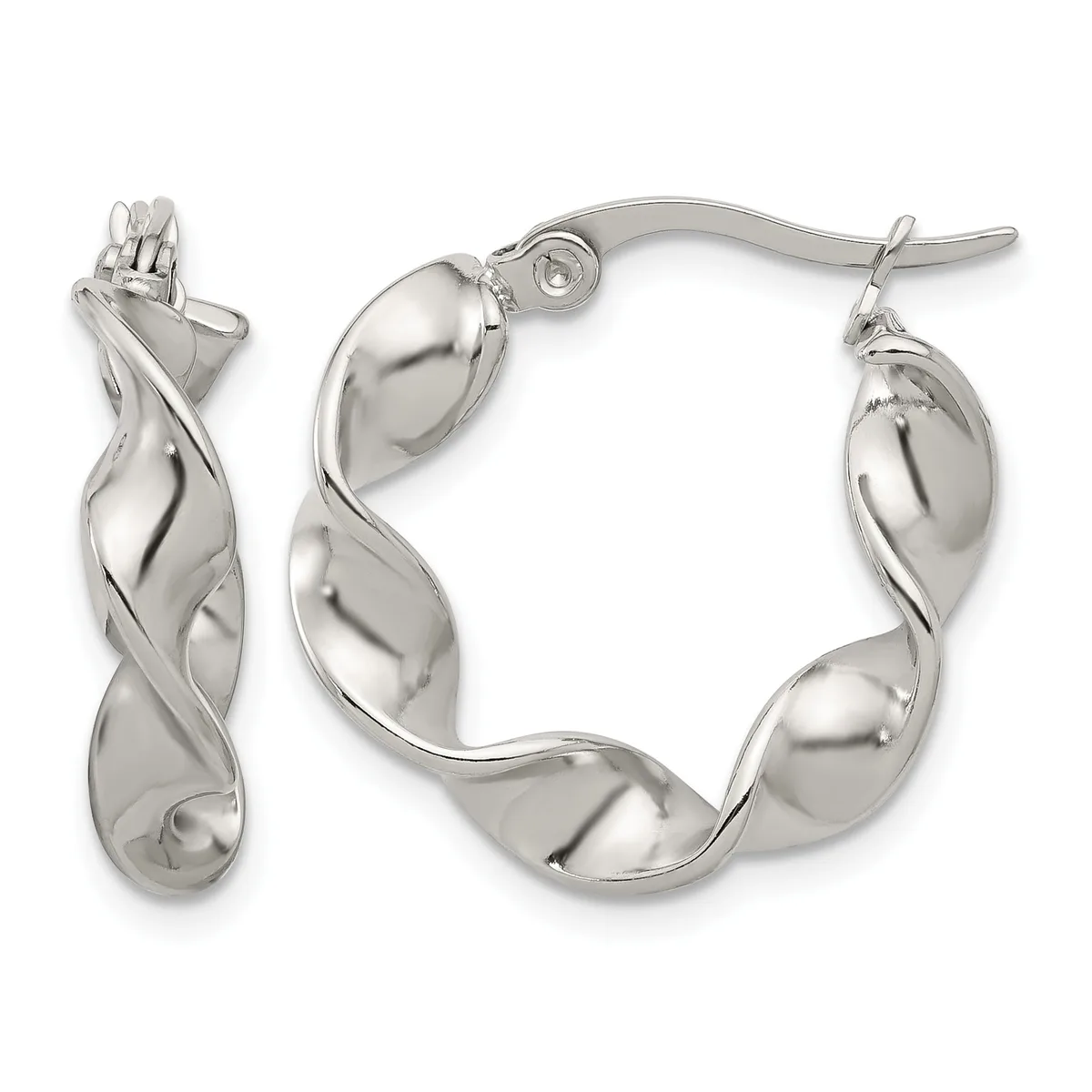 A pair of polished silver twisted hoop earrings displayed from front and side views, showing the curved leaf-shaped design with a hinged clasp closure.