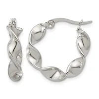 A pair of polished silver twisted hoop earrings displayed from front and side views, showing the curved leaf-shaped design with a hinged clasp closure.