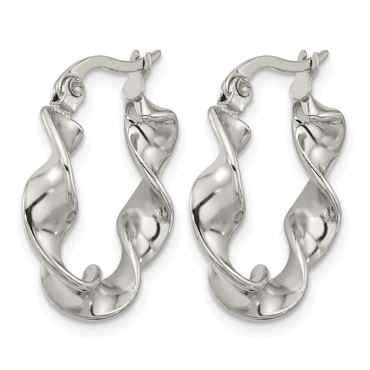 A pair of silver twisted hoop earrings with hinged posts and backs, shown from the front and back views.