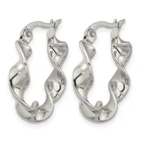A pair of silver twisted hoop earrings with hinged posts and backs, shown from the front and back views.