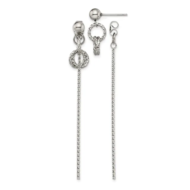 Silver-toned dangle earrings featuring textured spherical charms suspended from ball studs, with long twisted chain extensions and hook closures.