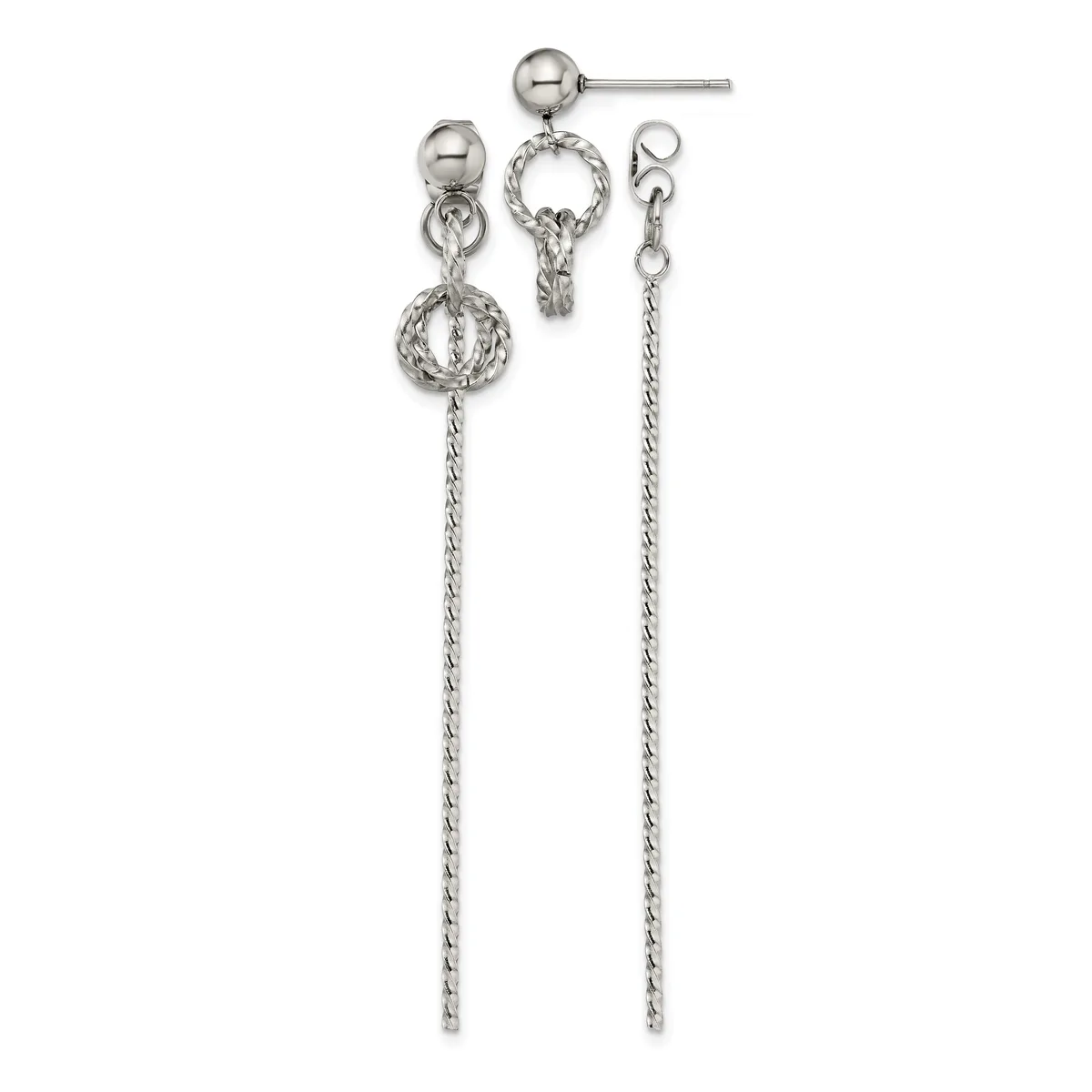 Silver-toned dangle earrings featuring textured spherical charms suspended from ball studs, with long twisted chain extensions and hook closures.