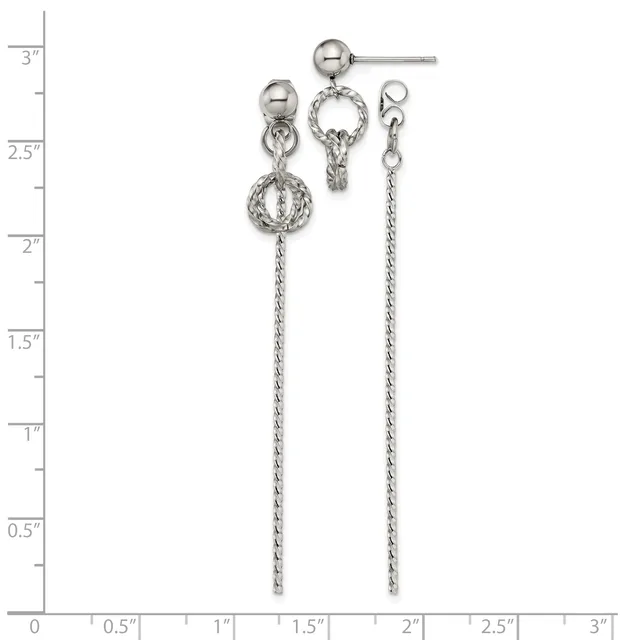 Three silver-toned dangle earrings with twisted rope-textured spheres and chain drops, displayed against a measurement scale showing heights up to 3 inches.