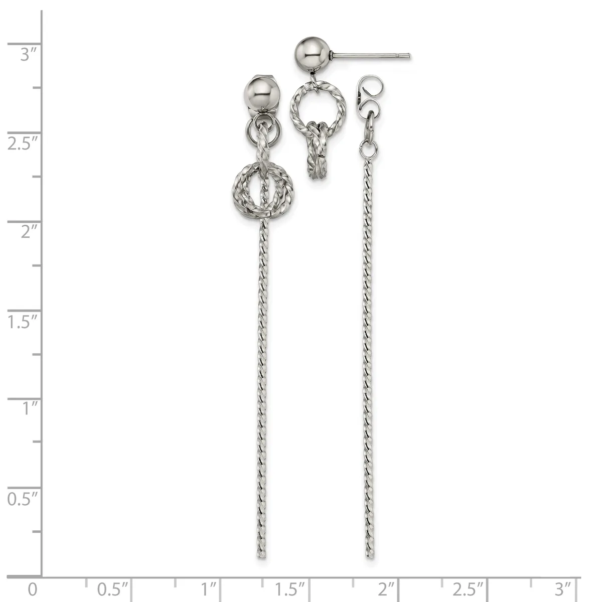 Three silver-toned dangle earrings with twisted rope-textured spheres and chain drops, displayed against a measurement scale showing heights up to 3 inches.