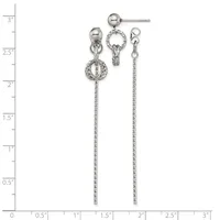 Three silver-toned dangle earrings with twisted rope-textured spheres and chain drops, displayed against a measurement scale showing heights up to 3 inches.