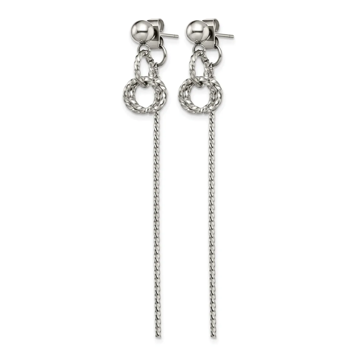Pair of silver-toned dangle earrings with ball studs, twisted circular connectors, and long twisted chain drops.