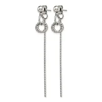 Pair of silver-toned dangle earrings with ball studs, twisted circular connectors, and long twisted chain drops.