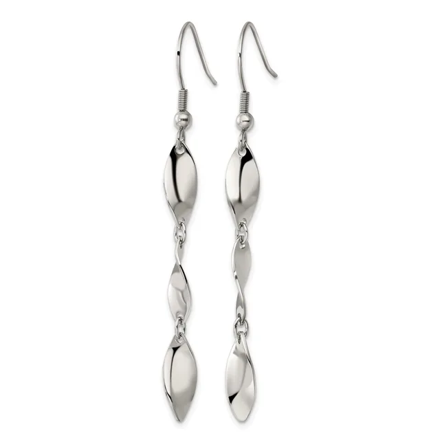 A pair of silver-toned drop earrings with fish hook closures, each featuring two polished oval charms connected by delicate chain links.
