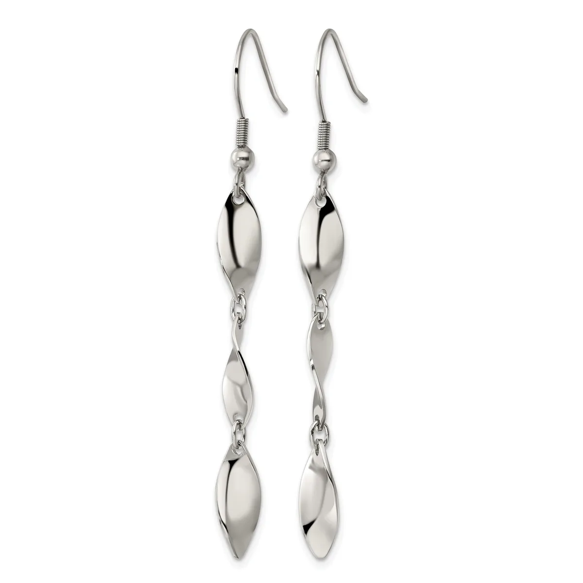 A pair of silver-toned drop earrings with fish hook closures, each featuring two polished oval charms connected by delicate chain links.