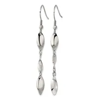 A pair of silver-toned drop earrings with fish hook closures, each featuring two polished oval charms connected by delicate chain links.