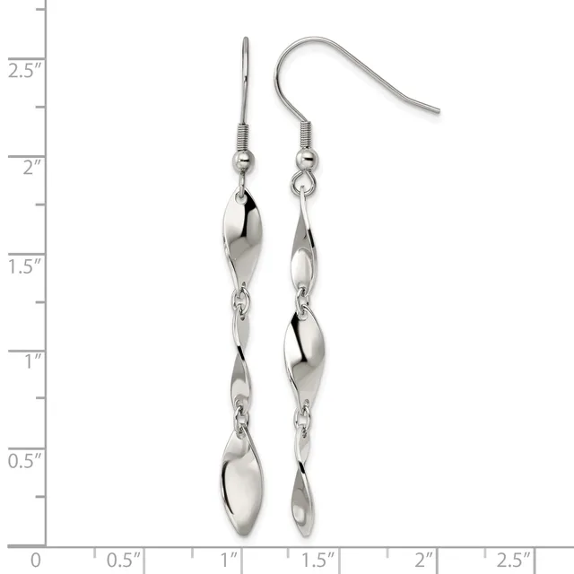 A pair of silver dangle earrings with twisted teardrop-shaped links suspended from fishhook wires, displayed against a ruler showing they measure approximately 2.25 inches in length.