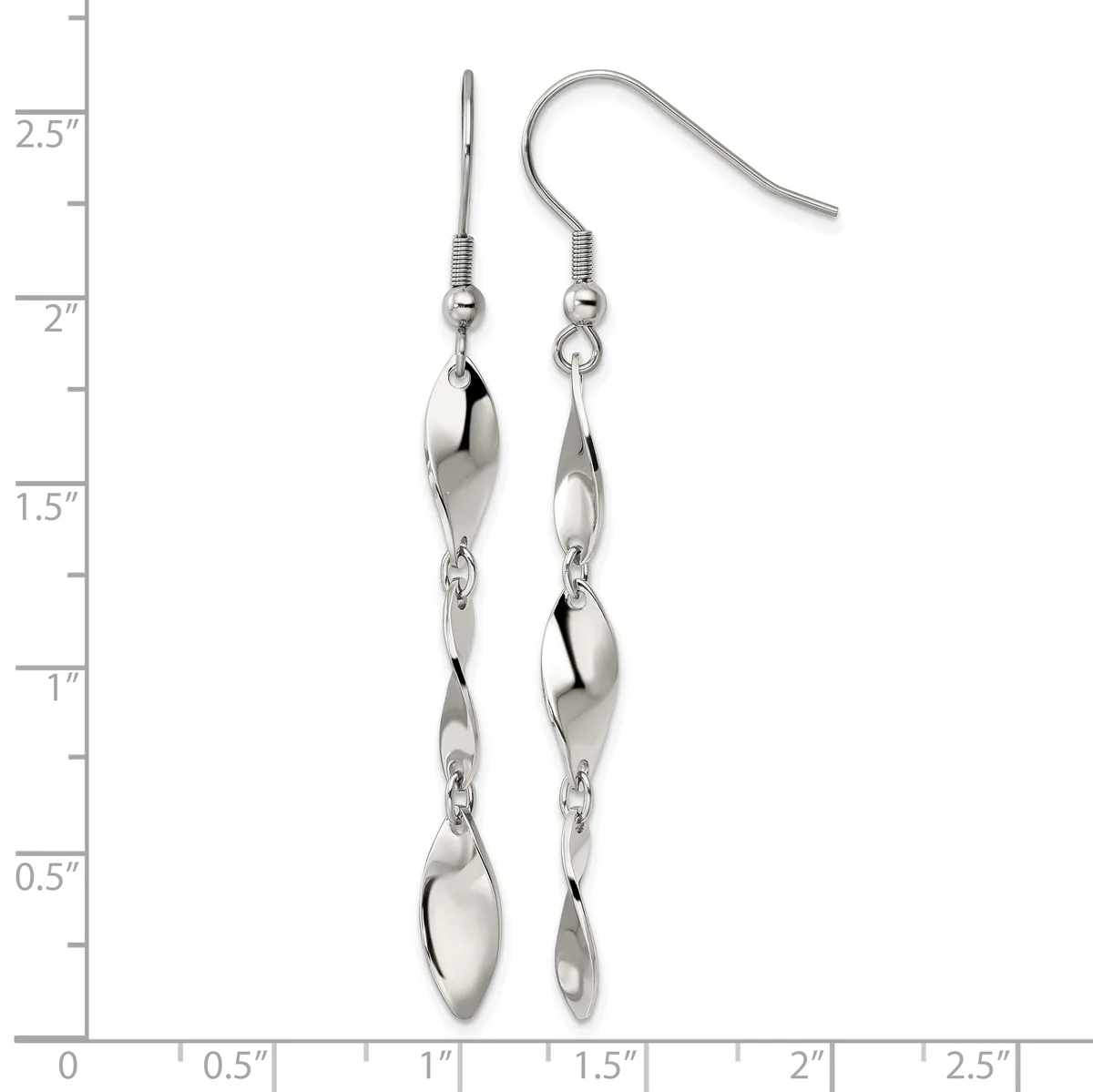 A pair of silver dangle earrings with twisted teardrop-shaped links suspended from fishhook wires, displayed against a ruler showing they measure approximately 2.25 inches in length.