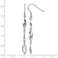 A pair of silver dangle earrings with twisted teardrop-shaped links suspended from fishhook wires, displayed against a ruler showing they measure approximately 2.25 inches in length.