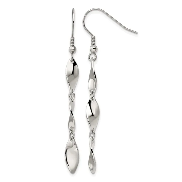 Pair of silver-toned dangle earrings with hook closures, featuring three elongated oval charms connected in a vertical cascade on each ear.