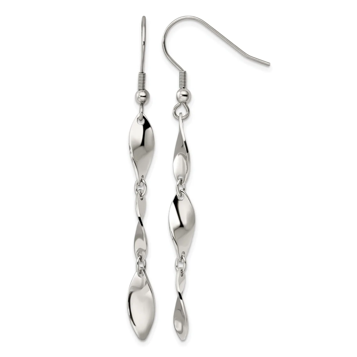 Pair of silver-toned dangle earrings with hook closures, featuring three elongated oval charms connected in a vertical cascade on each ear.