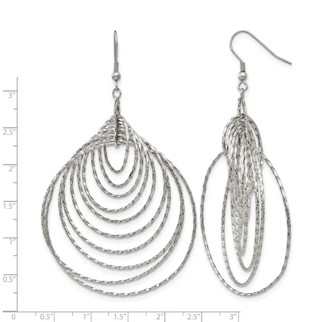 A pair of silver-toned textured teardrop earrings with multiple concentric nested loops, displayed front and side view with a measurement scale.