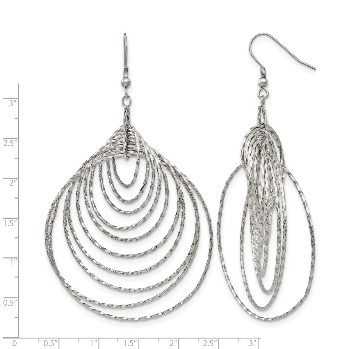 A pair of silver-toned textured teardrop earrings with multiple concentric nested loops, displayed front and side view with a measurement scale.