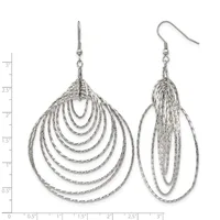 A pair of silver-toned textured teardrop earrings with multiple concentric nested loops, displayed front and side view with a measurement scale.