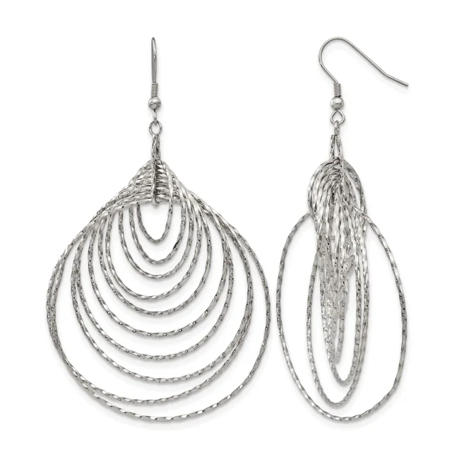 A pair of silver-toned dangle earrings with concentric teardrop and oval wire loops suspended from fish hook closures.