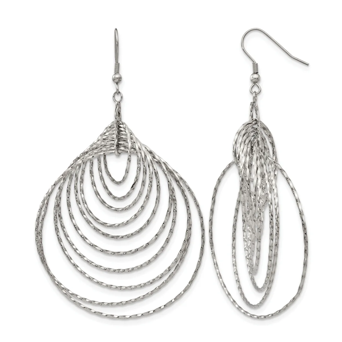 A pair of silver-toned dangle earrings with concentric teardrop and oval wire loops suspended from fish hook closures.