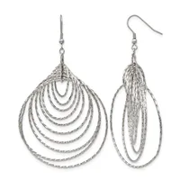 A pair of silver-toned dangle earrings with concentric teardrop and oval wire loops suspended from fish hook closures.