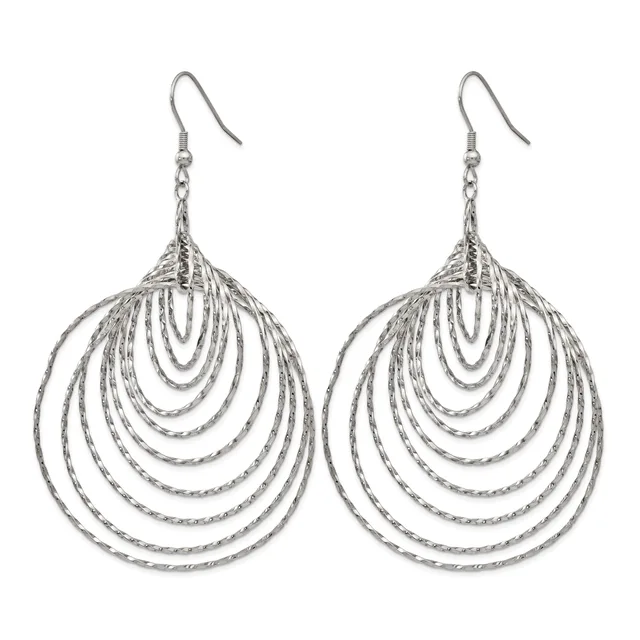 A pair of silver-toned dangle earrings with concentric teardrop-shaped loops hanging from chain and fish hook closures.