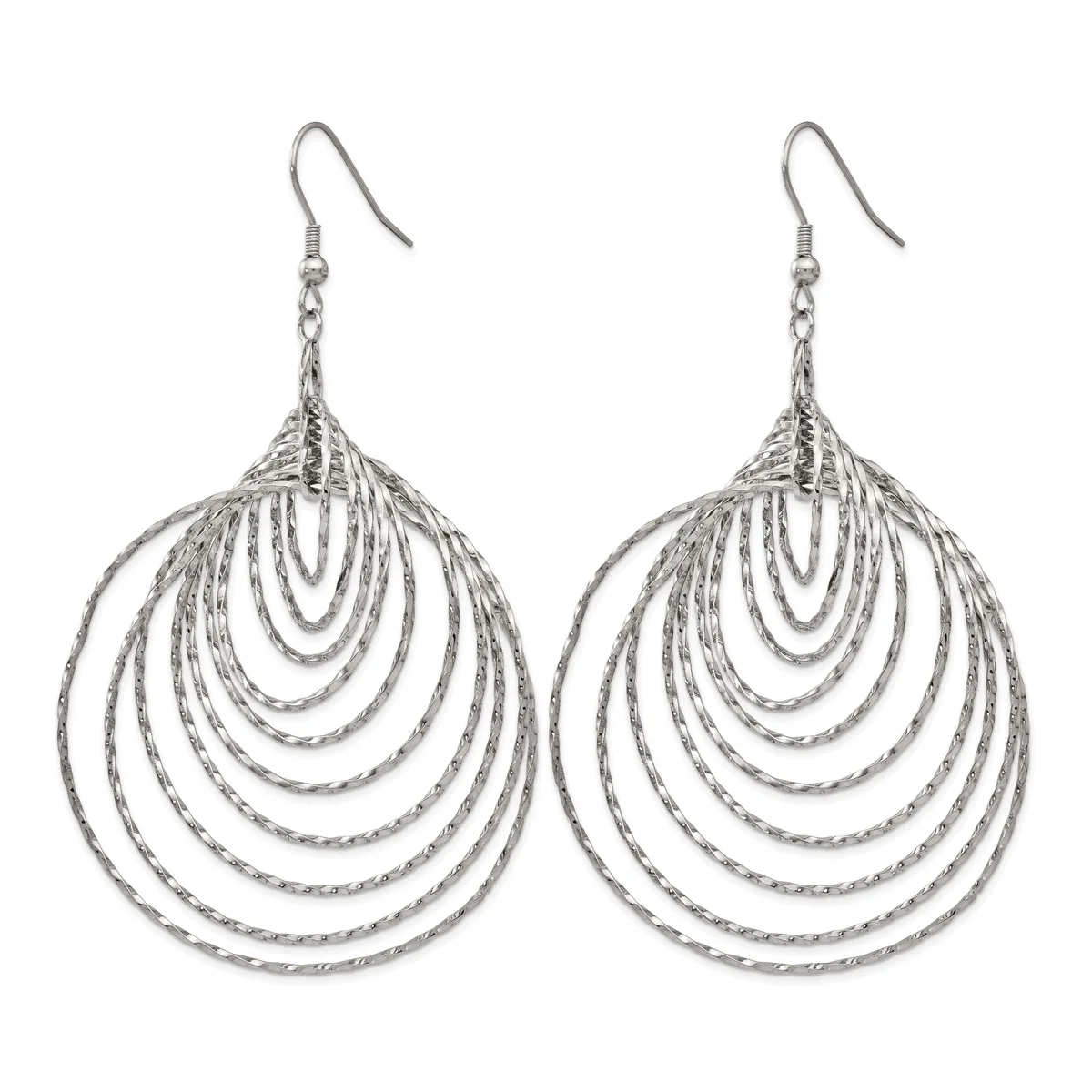 A pair of silver-toned dangle earrings with concentric teardrop-shaped loops hanging from chain and fish hook closures.