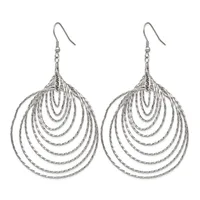 A pair of silver-toned dangle earrings with concentric teardrop-shaped loops hanging from chain and fish hook closures.