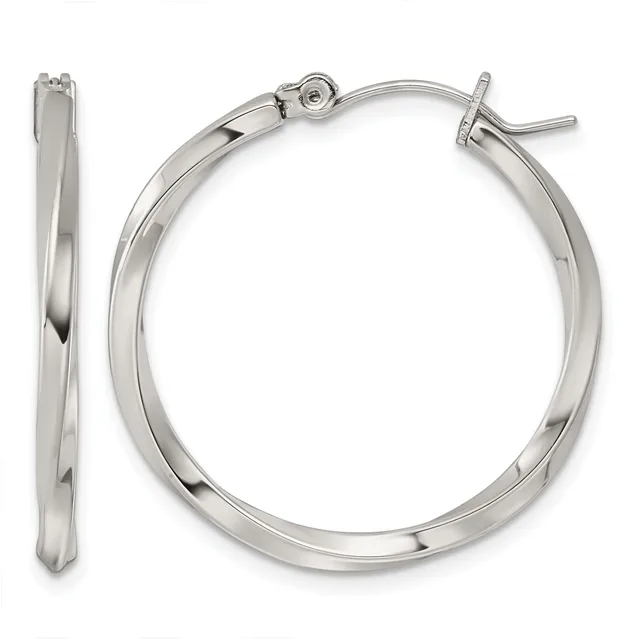 A pair of polished silver-toned hoop earrings with a twisted surface texture, shown from the front and side view with post and clutch closures.