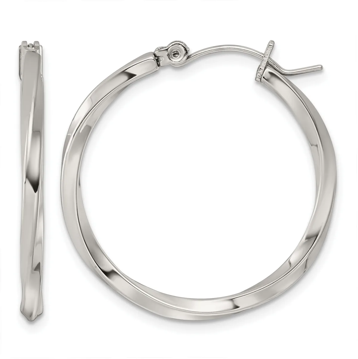 A pair of polished silver-toned hoop earrings with a twisted surface texture, shown from the front and side view with post and clutch closures.
