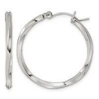 A pair of polished silver-toned hoop earrings with a twisted surface texture, shown from the front and side view with post and clutch closures.