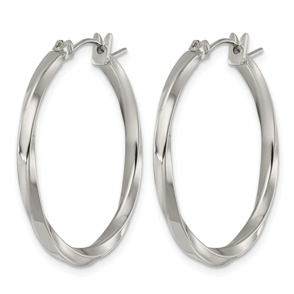A pair of polished silver-toned hoop earrings with a twisted surface finish and hinged closures, displayed against a white background.