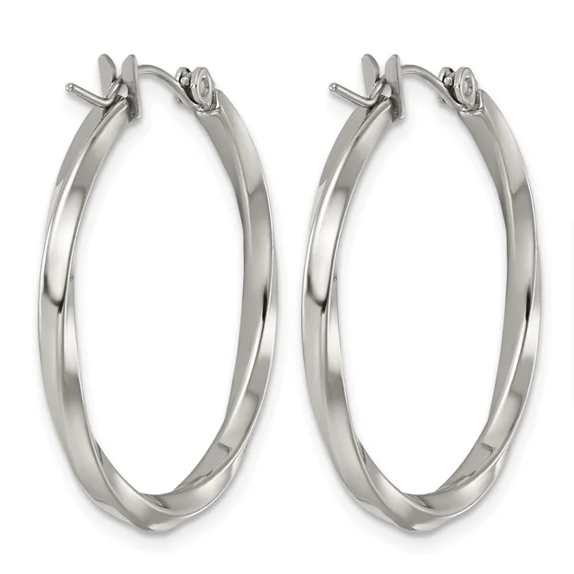 A pair of polished silver-tone hoop earrings with a twisted design and post-and-clutch closures, shown from the front against a white background.
