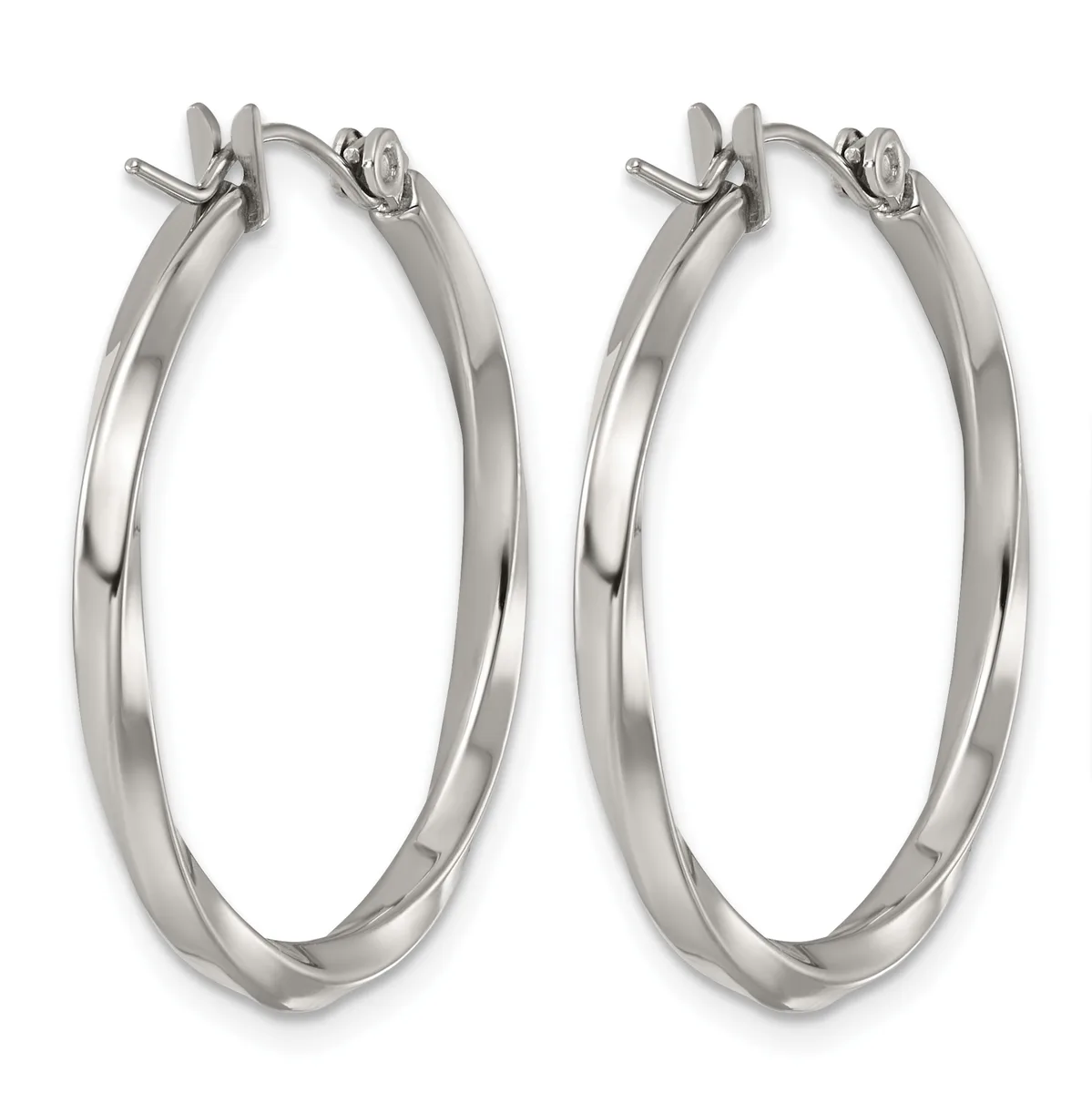 A pair of polished silver-tone hoop earrings with a twisted design and post-and-clutch closures, shown from the front against a white background.