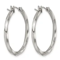 A pair of polished silver-tone hoop earrings with a twisted design and post-and-clutch closures, shown from the front against a white background.