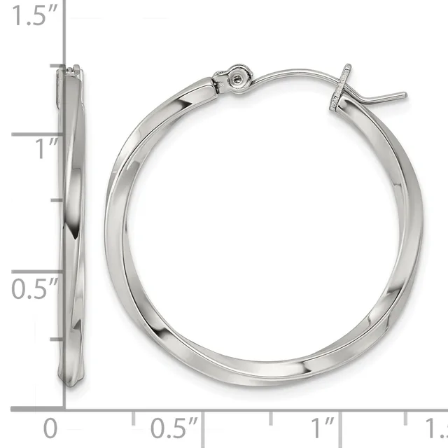 Polished silver-toned hoop earrings with a twisted surface texture, shown from front and side views with a measurement scale indicating approximately one inch diameter.