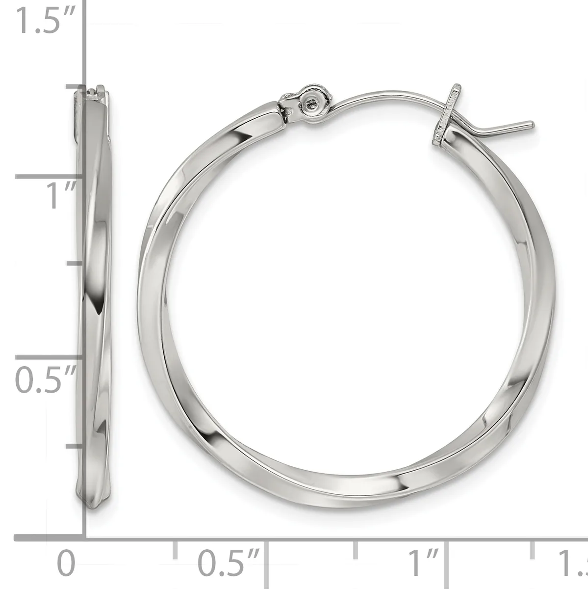 Polished silver-toned hoop earrings with a twisted surface texture, shown from front and side views with a measurement scale indicating approximately one inch diameter.