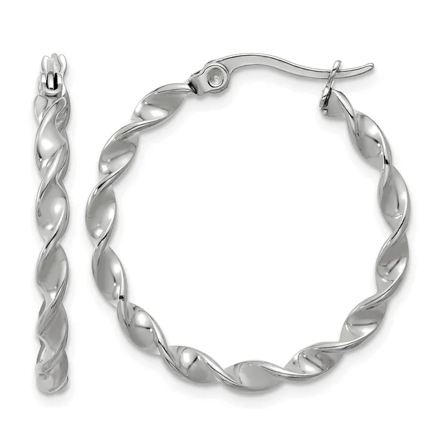A pair of silver twisted hoop earrings with french wire posts, shown from front and side views.