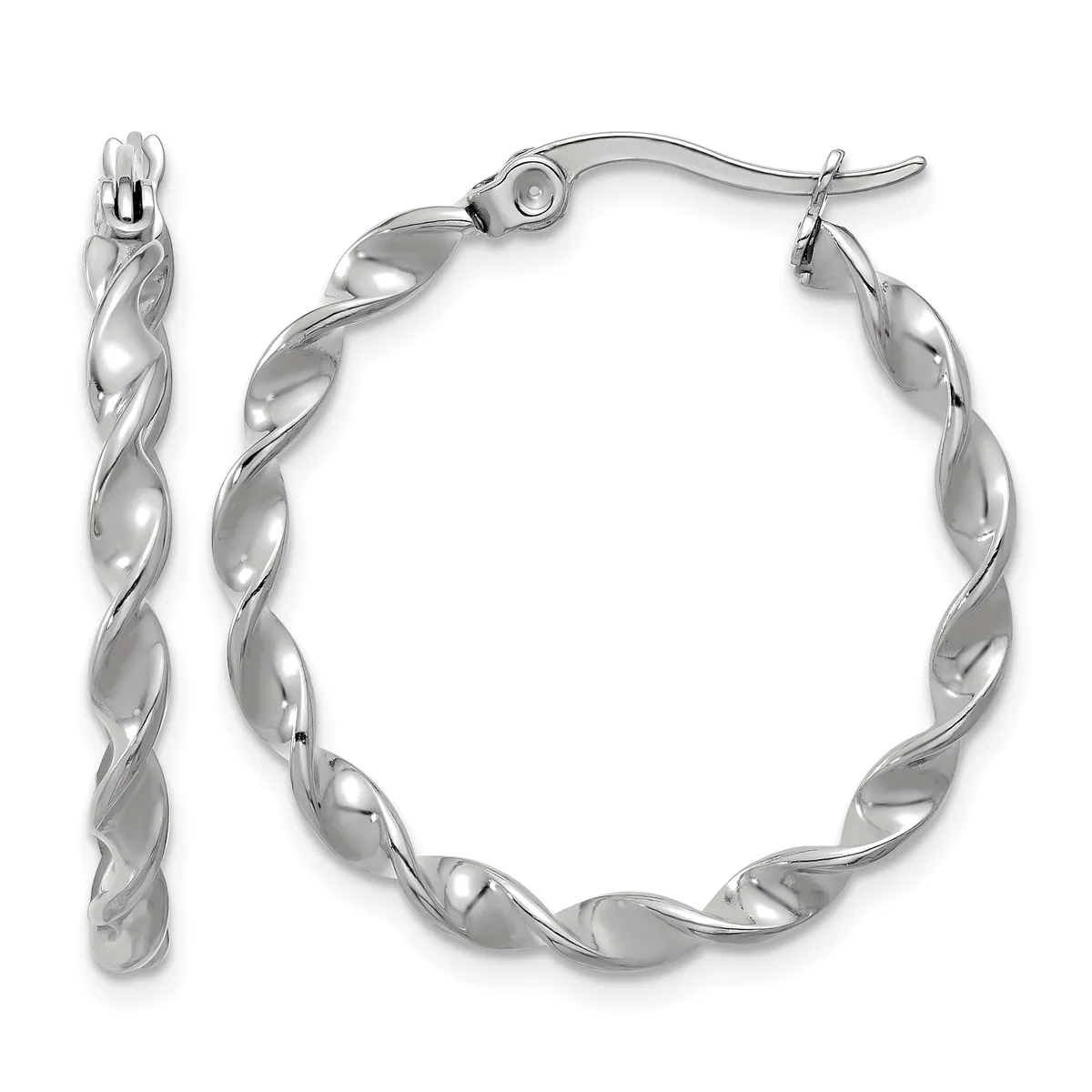 A pair of silver twisted hoop earrings with french wire posts, shown from front and side views.