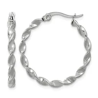 A pair of silver twisted hoop earrings with french wire posts, shown from front and side views.