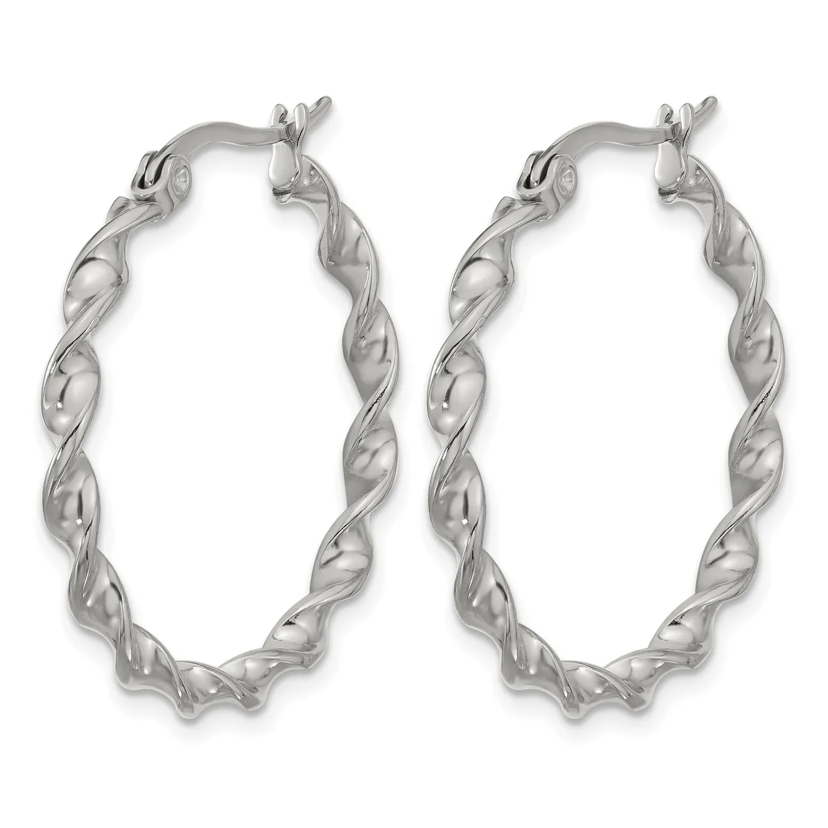 A pair of silver twisted hoop earrings with a spiral texture pattern throughout, shown from the front against a white background.