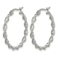 A pair of silver twisted hoop earrings with a spiral texture pattern throughout, shown from the front against a white background.