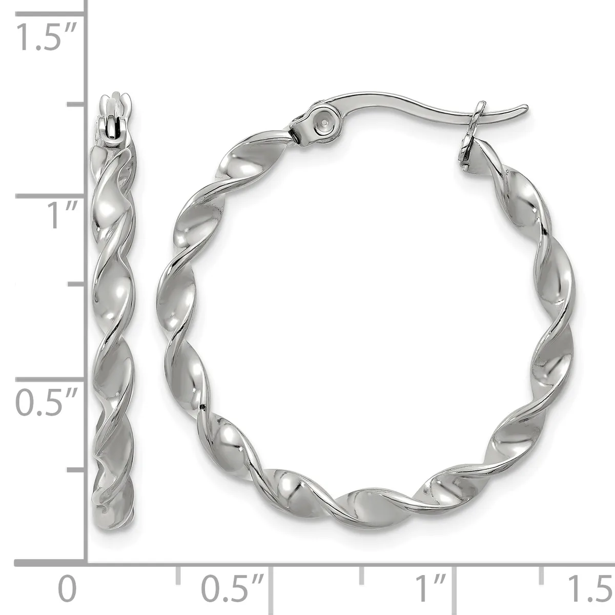Pair of twisted silver hoop earrings with post and clutch backs, displayed next to a ruler showing them to be approximately 1.25 inches in diameter.