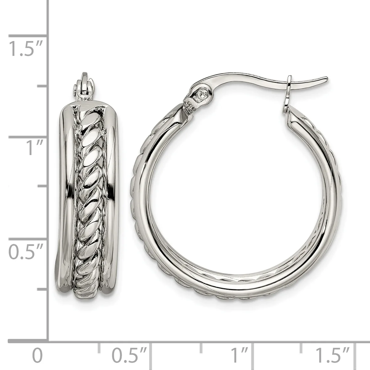 Pair of silver-toned hoop earrings with twisted rope texture detail, shown next to a measurement scale indicating approximately one inch in diameter.