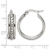 Pair of silver-toned hoop earrings with twisted rope texture detail, shown next to a measurement scale indicating approximately one inch in diameter.